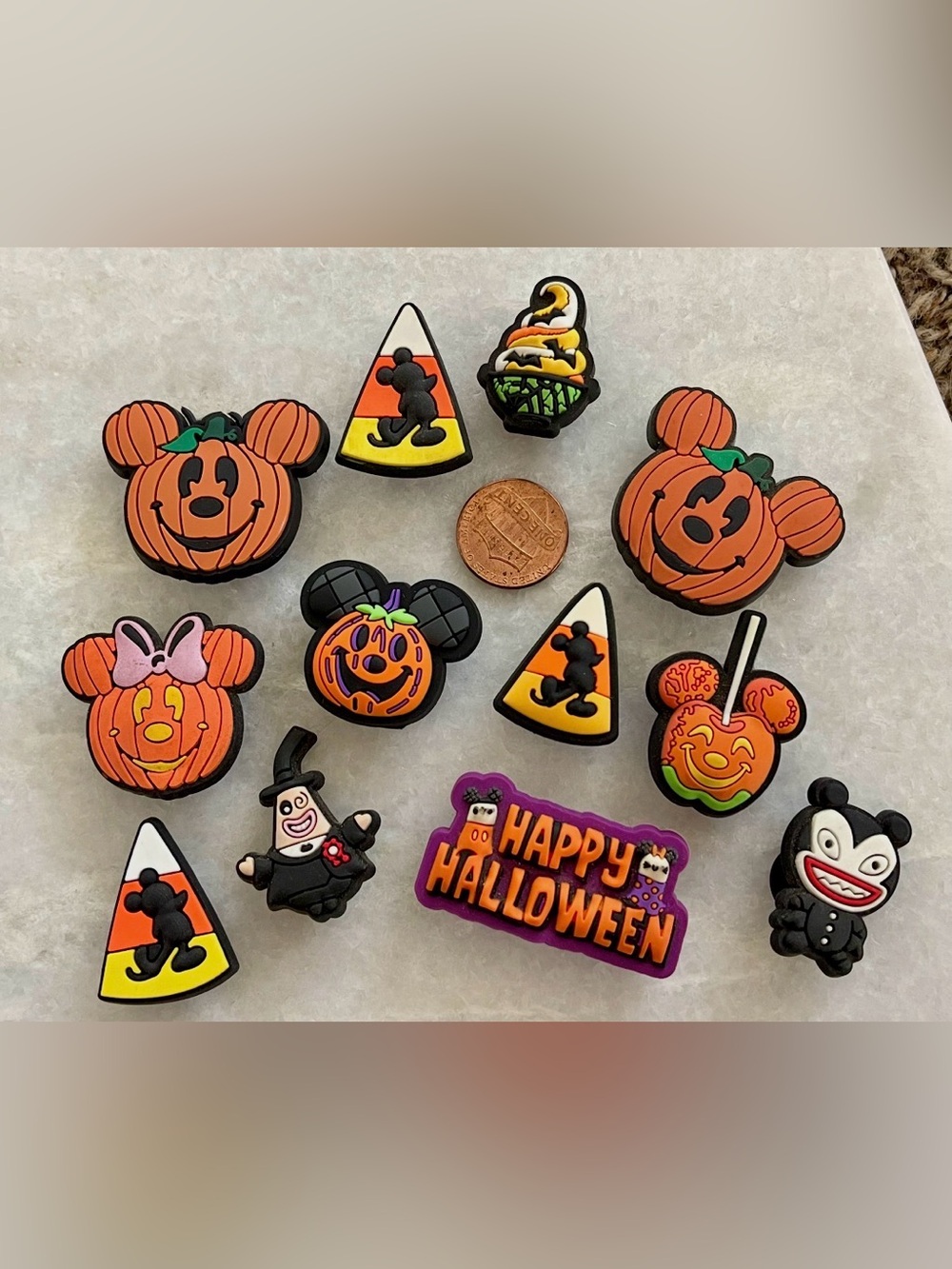 DISNEY CROC SHOE CHARMS LOT HALLOWEEN MICKEY MINNIE PUMPKIN CANDY CORN APPLE NBC